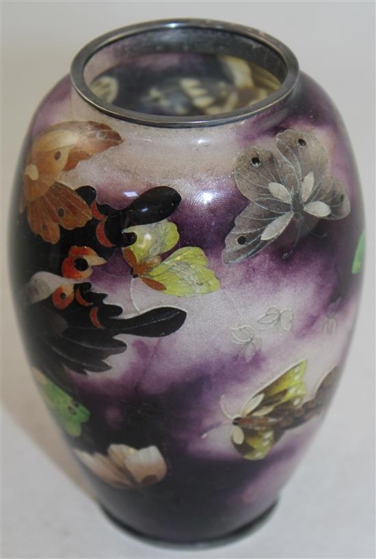 A Japanese plique a jour enamel ovoid vase, c.1910-20, height 12.5cm, hairline cracks